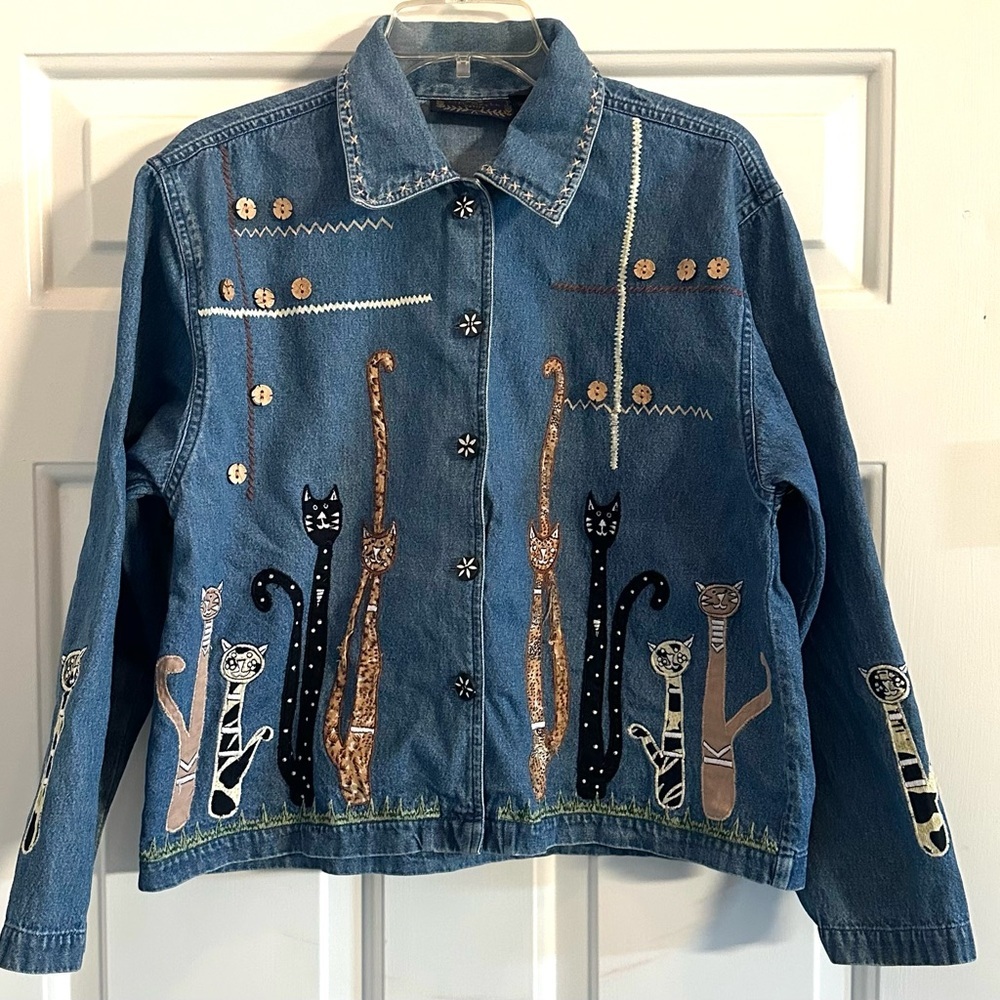 Cats Life Style Petite Large Button Up Blue Denim Shirt Jacket Whimsical Cat MP